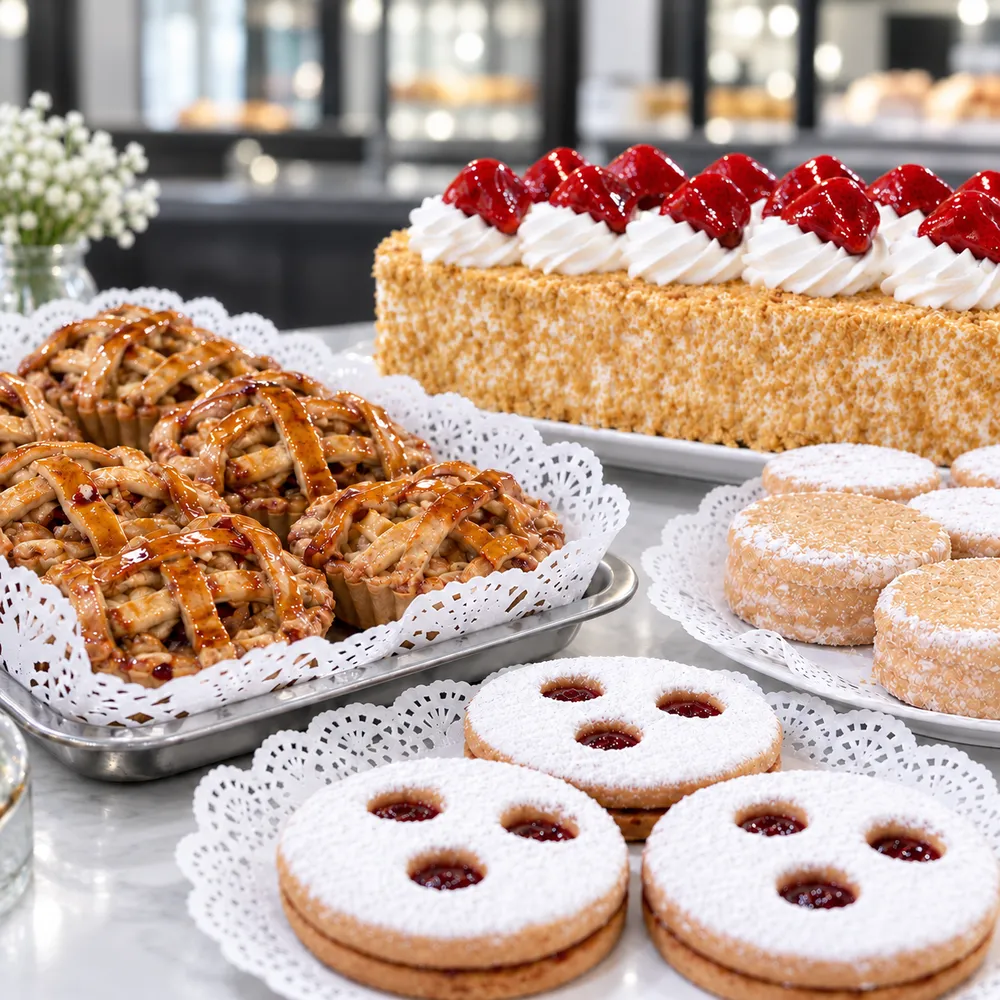 Surtido de dulces de Pastelería San Martín: galletas rellenas de mermelada, tartaletas y un pastel decorado con fresas