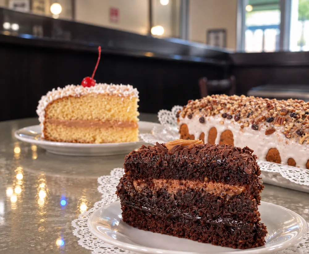 Porciones de torta de Pastelería San Martín: chocolate, vainilla con guinda y un keke con nueces