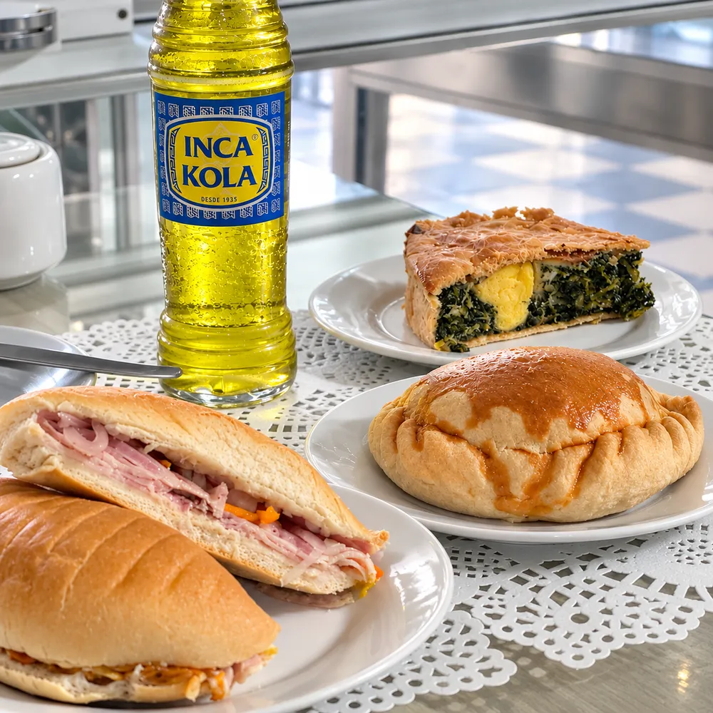 Sándwich mixto, pastel de acelga y empanada sobre el mostrador de Pastelería San Martín